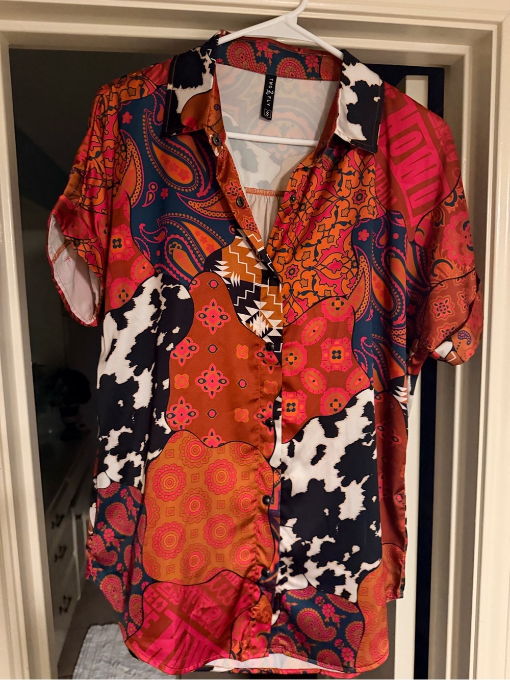 2 Fly Co Western Cow Print Paisley Patchwork Shirt S